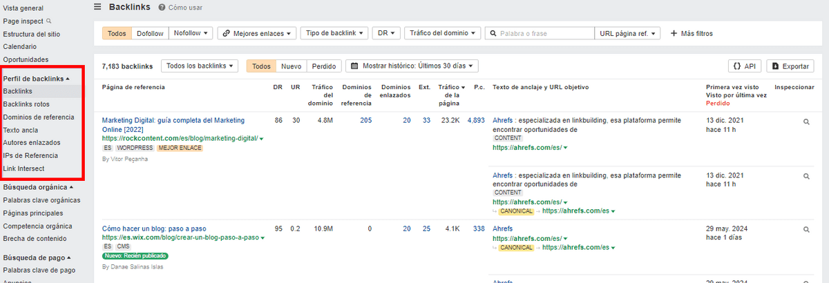 Perfil de backlinks Ahrefs