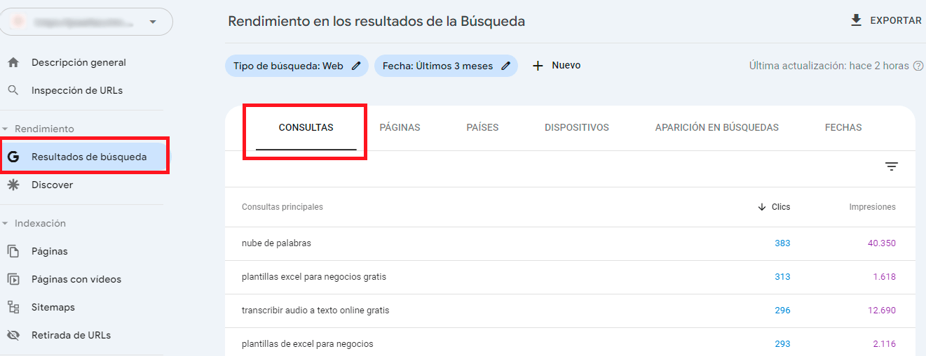 Resultados de búsqueda - Google Search Console