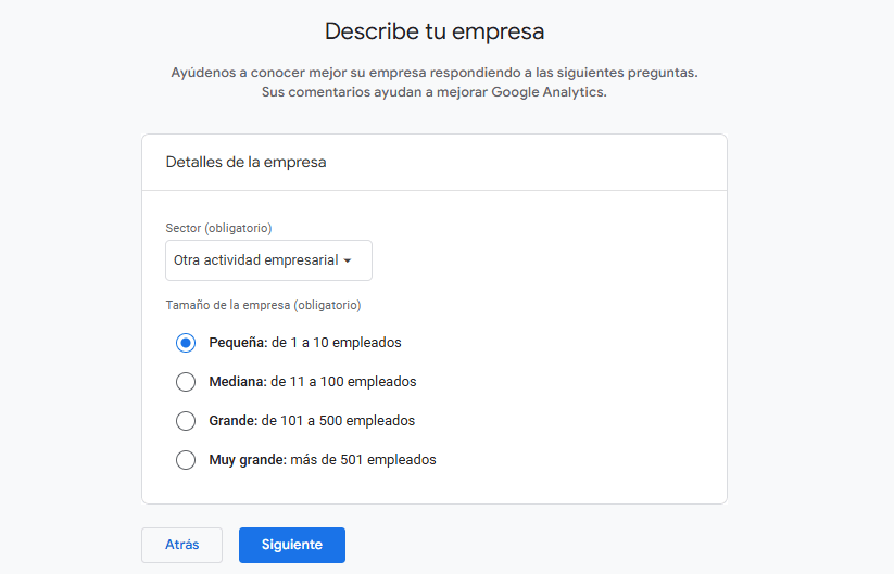 Describe a tu empresa - Google Analytics