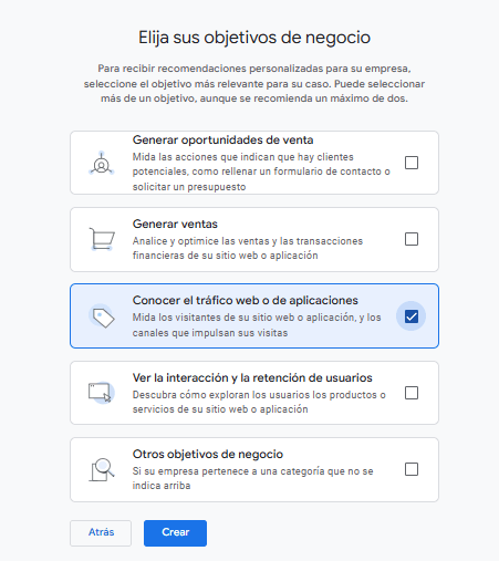 Objetivos del negocio - Google Analytics