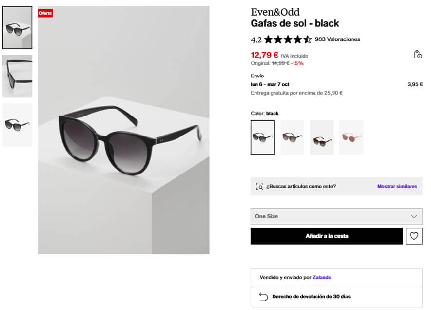 Ficha de producto de eCommerce Zalando