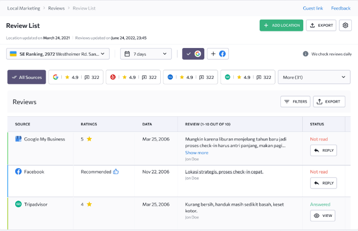 Review List - Local Marketing - SE Ranking